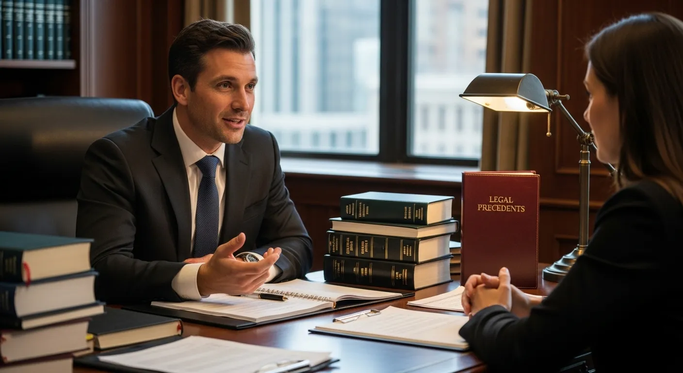 Quel est le meilleur avocat à Lille A confident lawyer seated at a desk, surrounded by legal books and documents, engaging in conversation with a client.