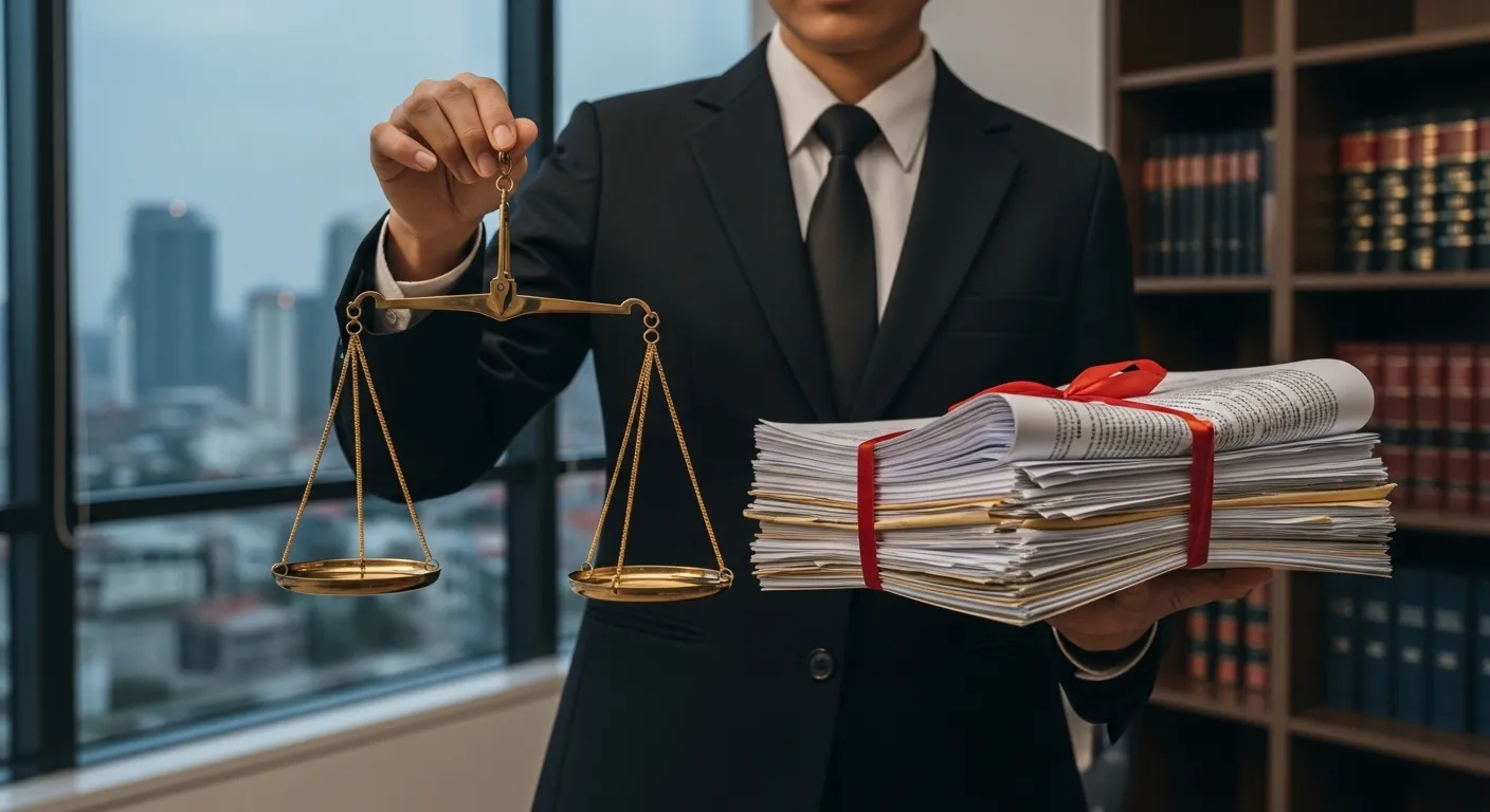 Quel est le meilleur avocat à Toulouse A person in a suit holding a legal scale and a stack of documents, symbolizing choosing the right lawyer.