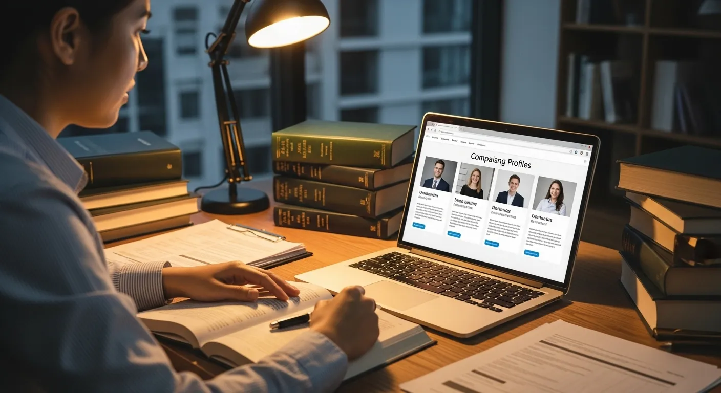 Quel est le meilleur avocat à Bordeaux A person sitting at a desk with a laptop, surrounded by legal books and papers, thoughtfully comparing profiles of different lawyers on the screen.