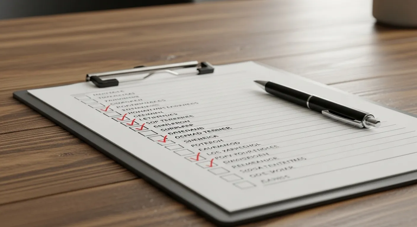 Quel est le meilleur avocat à Strasbourg A well-organized checklist on a clipboard, with a pen beside it, on a wooden desk.