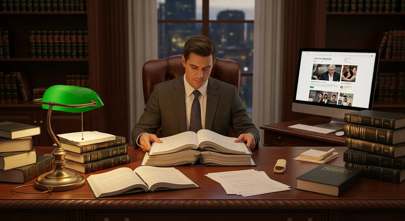 Quel est le meilleur avocat à Nantes A professional looking through legal documents at a desk filled with books, while a computer displays law-related websites.