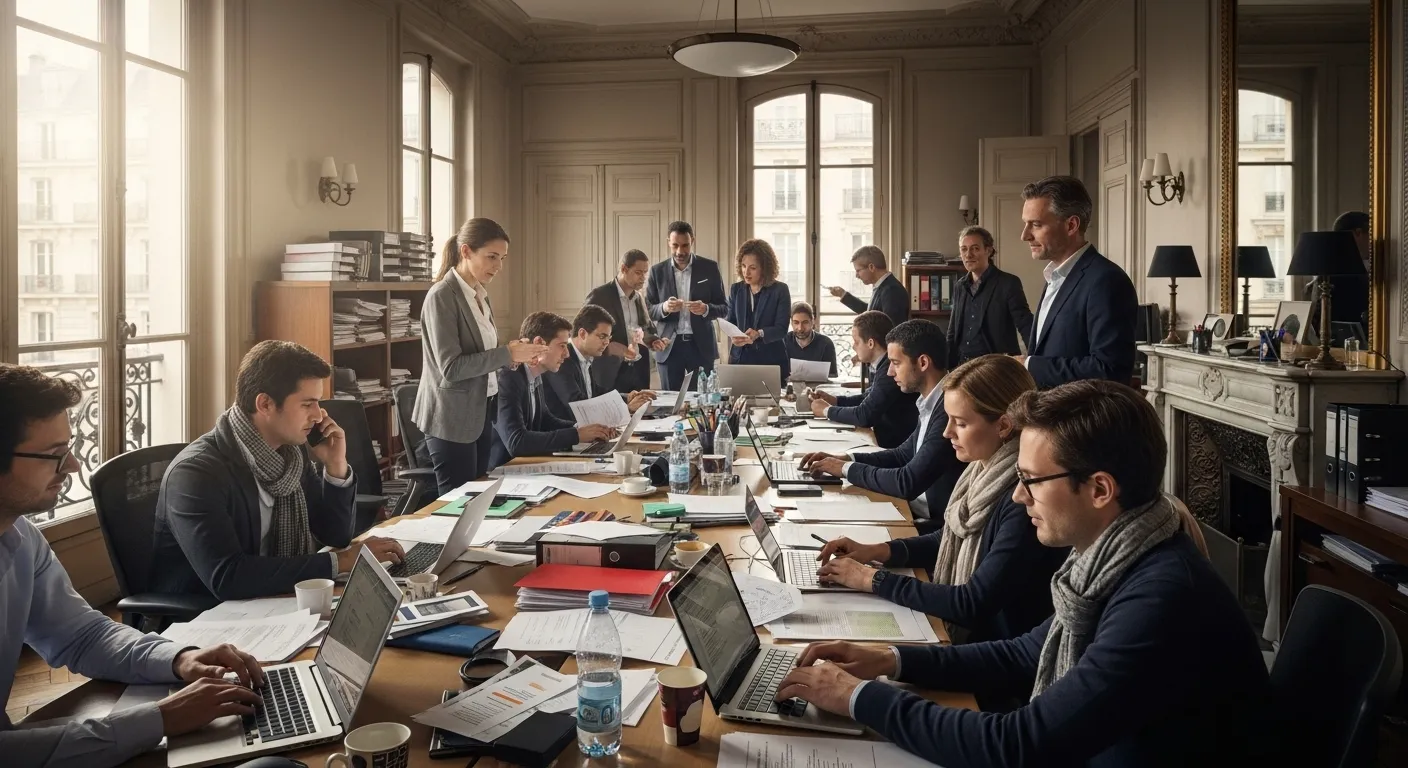 Quel est le meilleur avocat à Paris A busy Parisian office with financial experts discussing tax regulations, papers and laptops scattered around.