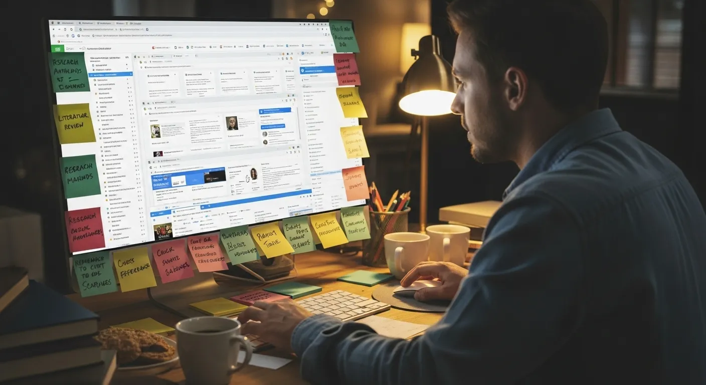 Quel est le meilleur avocat à Marseille A focused person sitting at a computer with multiple search engine tabs open, surrounded by sticky notes with keywords and tips.
