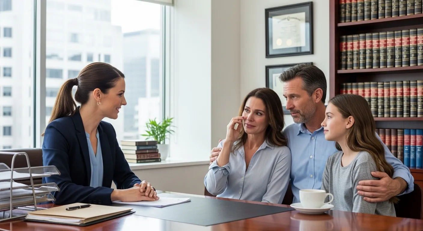 Quel est le meilleur avocat à Nantes A compassionate lawyer talking with a family in an office setting, balancing professionalism and warmth.