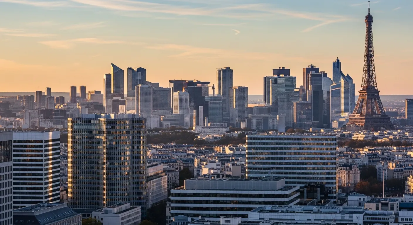 Quel est le meilleur avocat à Paris A skyline view of Paris showcasing tall modern office buildings with the Eiffel Tower in the background, symbolizing the legal and business hub of the city.