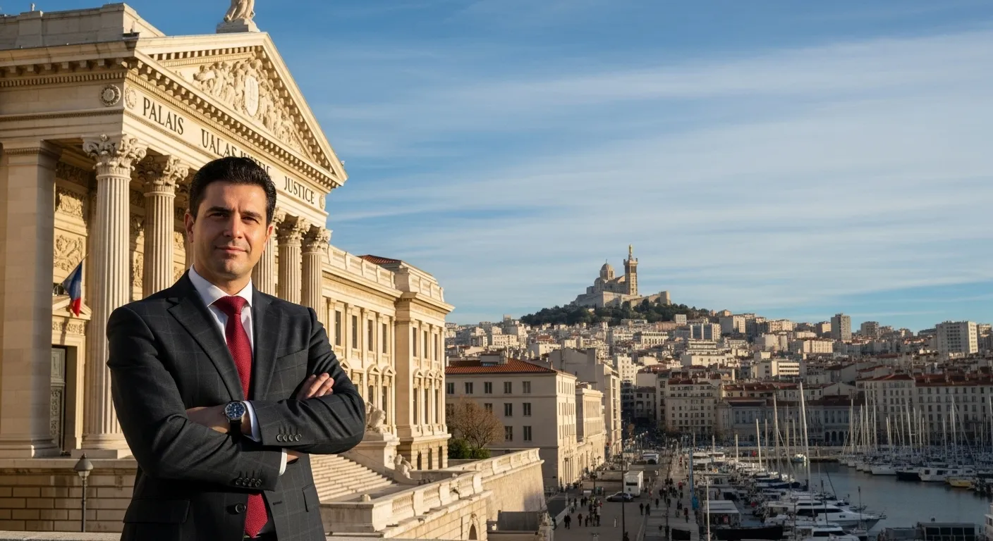 Quel est le meilleur avocat à Marseille A confident lawyer in a suit standing in front of a courthouse with the cityscape of Marseille in the background.