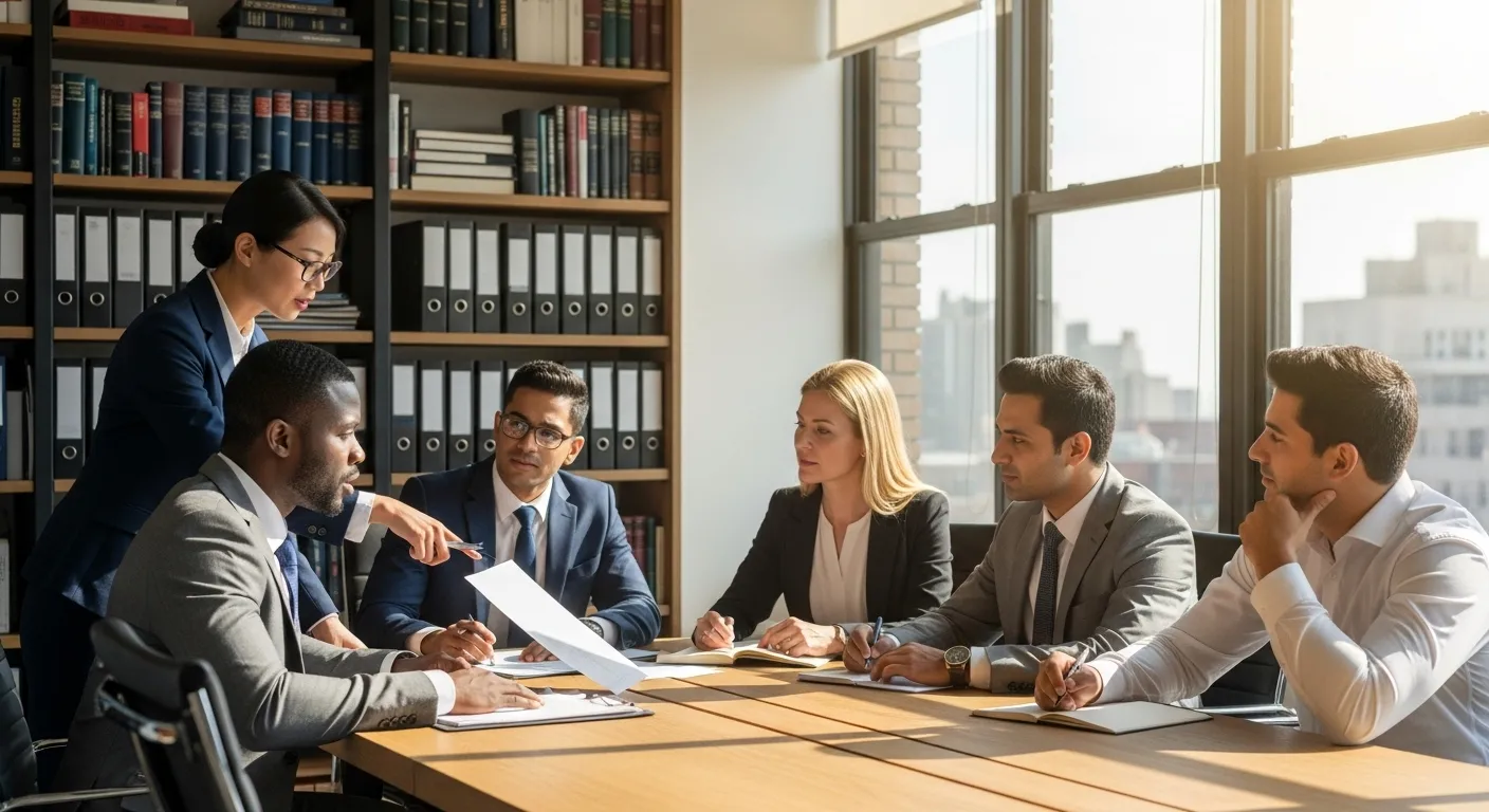 Quel est le meilleur avocat à Lille A diverse group of professional lawyers in a modern office setting, discussing documents and legal matters, with bookshelves full of legal texts in the background.