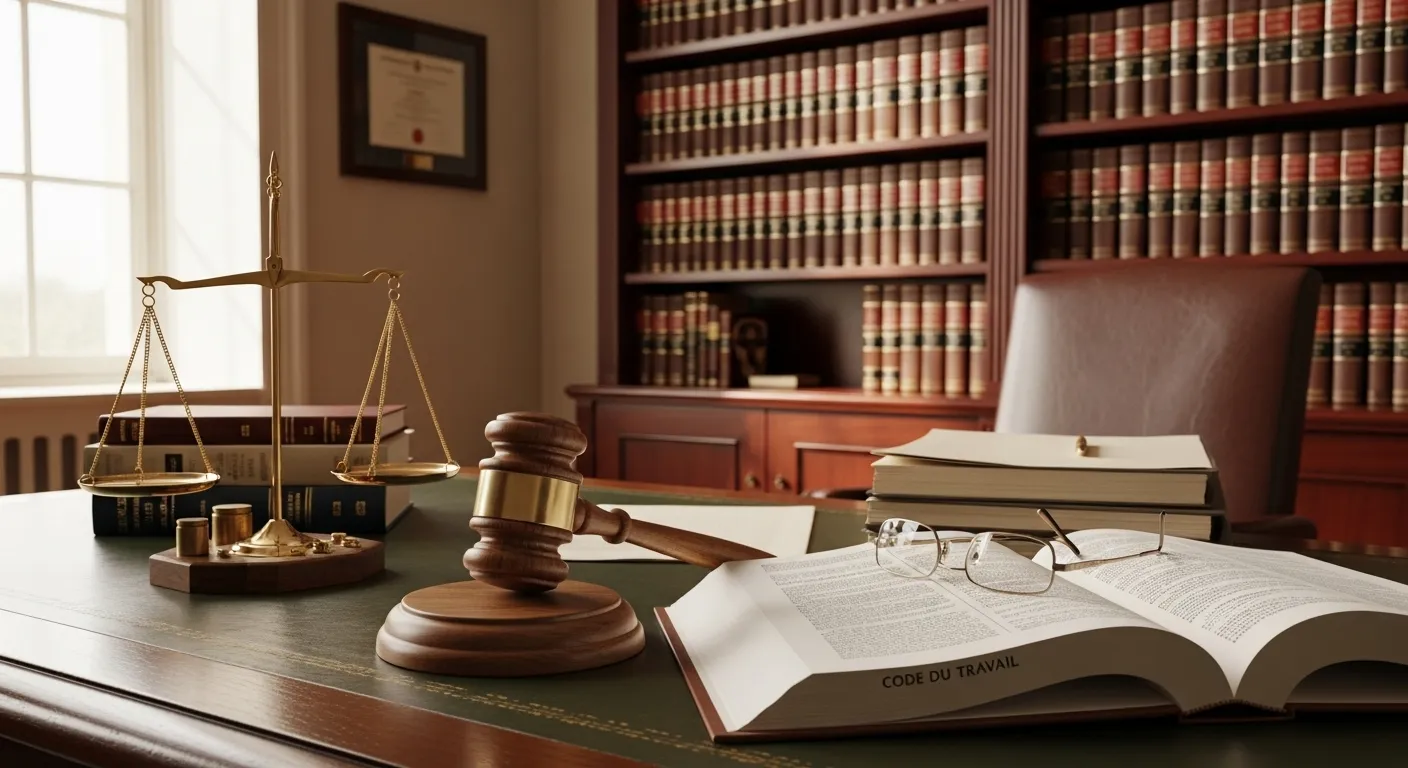 Quel est le meilleur avocat à Toulouse A professional office setting with a gavel, scales of justice, and a legal book open to pages of the Code du travail, symbolizing labor law.