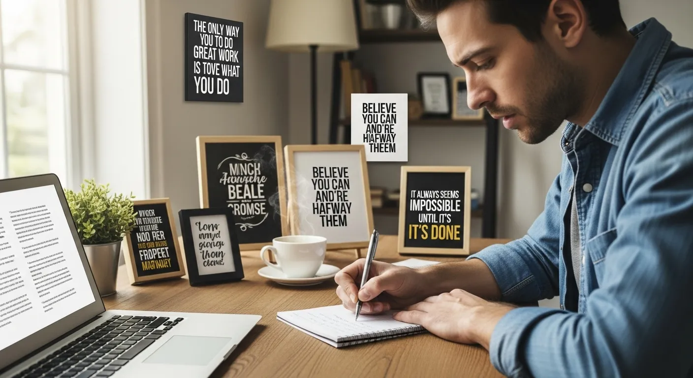 Quel est le meilleur avocat à Bordeaux A focused person jotting down notes on a notepad, surrounded by motivational quotes and a laptop.