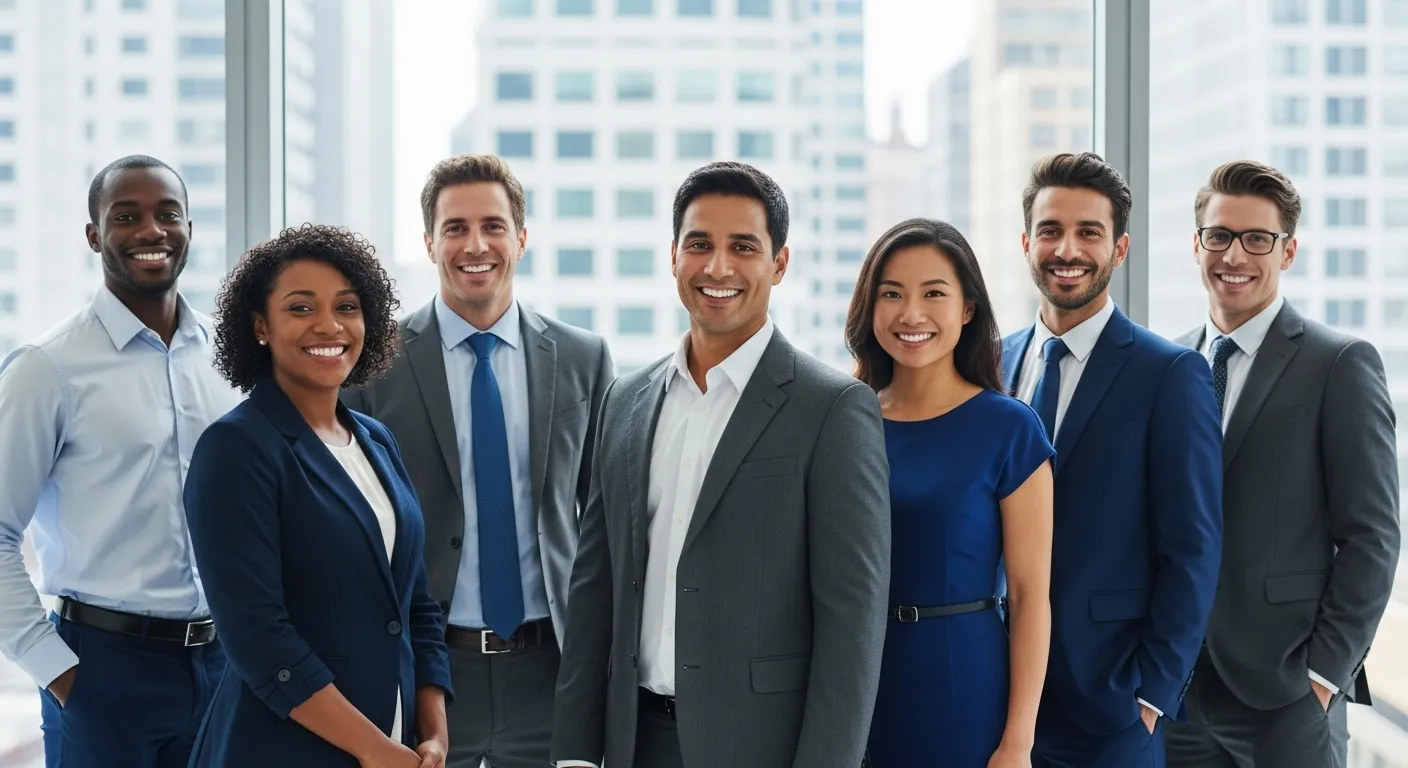 Quel est le meilleur avocat à Strasbourg A group of diverse professionals in business attire, standing together and smiling, with a backdrop of city offices.