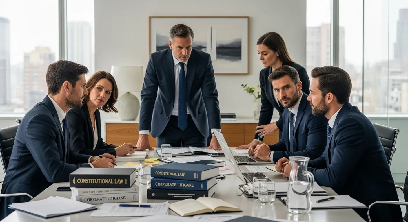 Quel est le meilleur avocat à Nantes A group of professional lawyers in a modern office, engaged in a serious discussion with legal books and documents on the table.