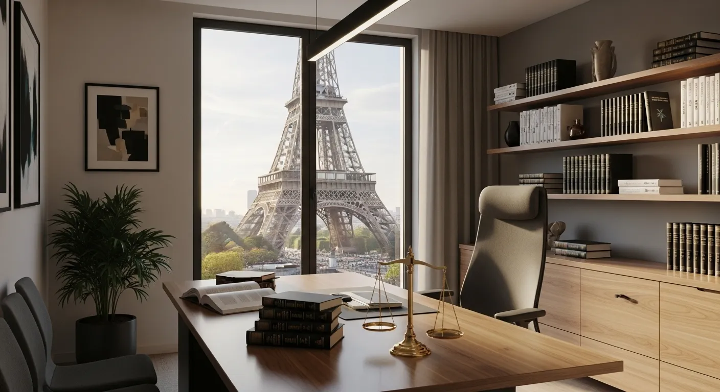 Quel est le meilleur avocat à Paris A modern Parisian law office with legal books, a scale of justice, and the Eiffel Tower visible through the window.