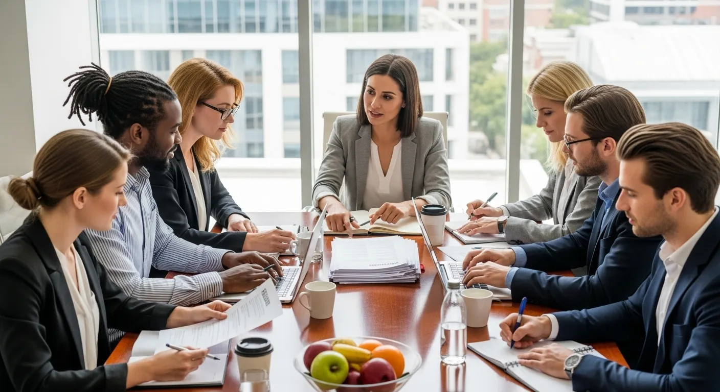Quel est le meilleur avocat à Marseille A diverse group of professionals sitting at a conference table, reviewing resumes and taking notes.