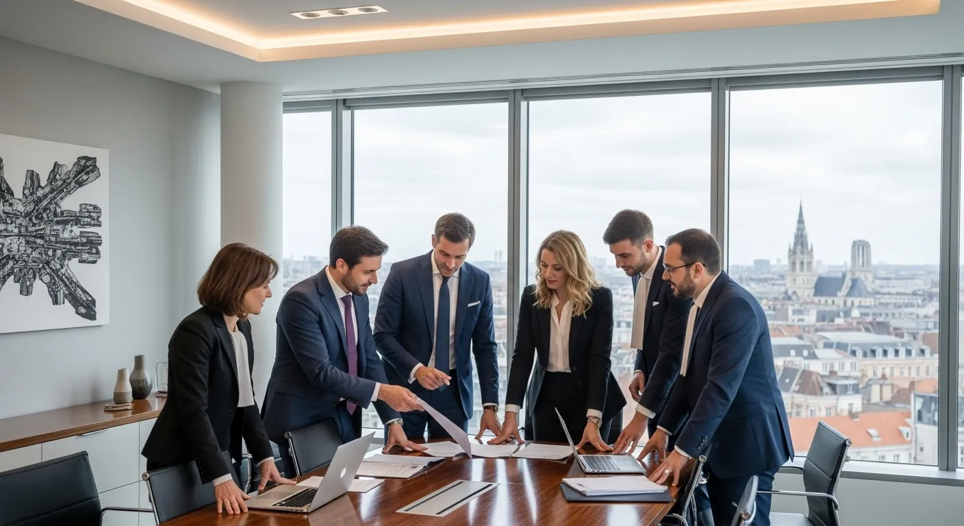 Quel est le meilleur avocat à Lille A group of professional lawyers in formal attire, gathered in a modern office setting in Lille.