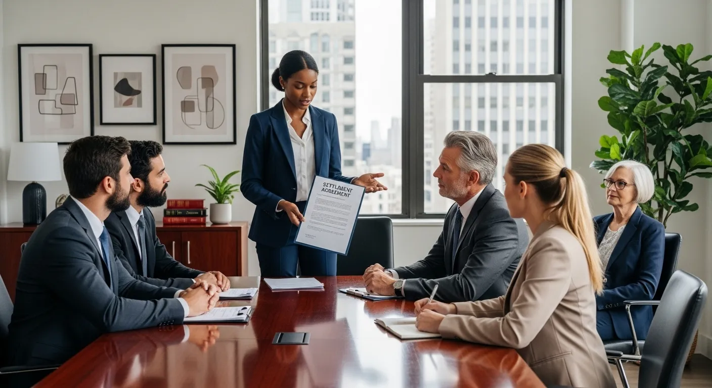 Quel est le meilleur avocat à Toulouse A professional setting with a diverse group of lawyers, one holding a mediation document, in a stylish office space.