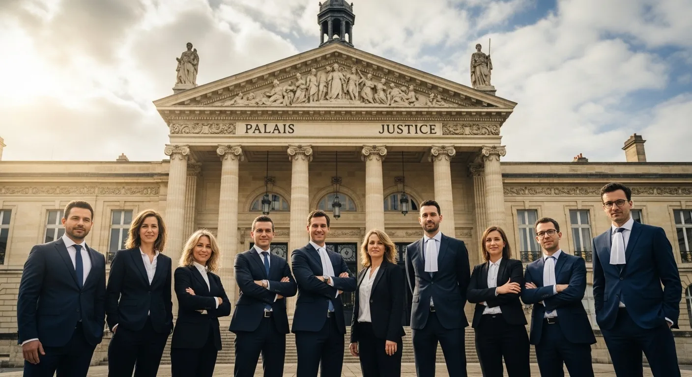 Quel est le meilleur avocat à Bordeaux A group of professional lawyers in formal attire standing confidently in front of Bordeaux