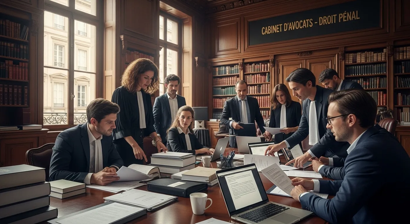Quel est le meilleur avocat à Strasbourg A bustling law firm office in Strasbourg with lawyers discussing legal documents, showcasing their expertise in criminal law.