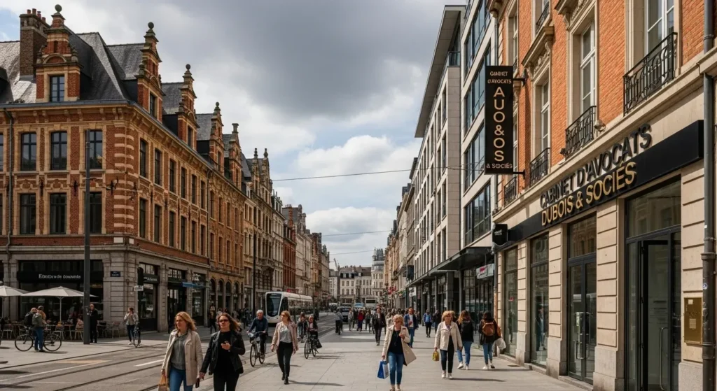 A busy street in Lille with a mix of historic and modern buildings, featuring people walking and a law firm sign.