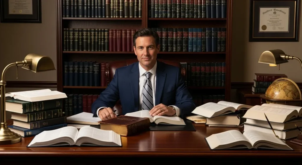 A professional lawyer in an office setting with legal books and documents, symbolizing expertise and assistance in various legal matters.
