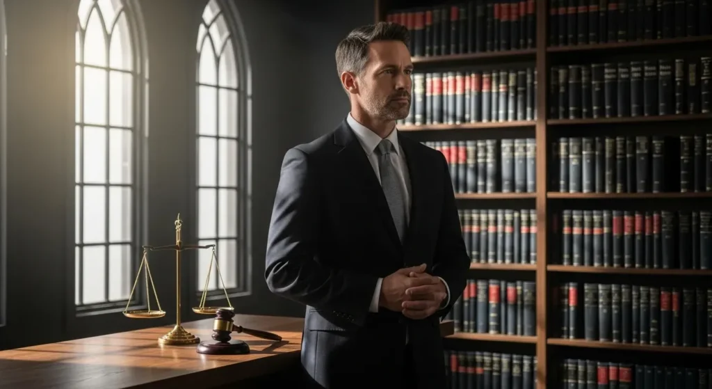 A professional lawyer in a courtroom setting, with a focus on the scales of justice and legal books in the background, representing expertise in criminal law.