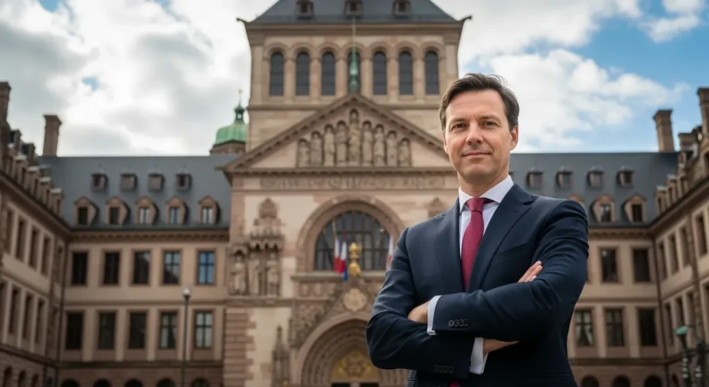 A professional lawyer in a suit, standing confidently in front of a historic courthouse in Strasbourg.