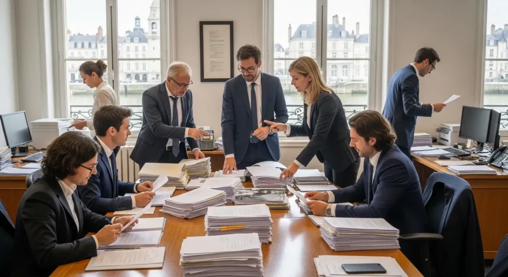 A bustling law office in Nantes, with lawyers in professional attire discussing legal documents.