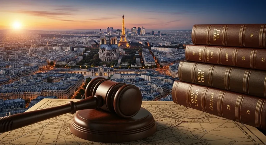 Quel est le meilleur avocat à Paris Aerial view of Paris with iconic landmarks, featuring a gavel and law books in the foreground, symbolizing the city's legal expertise.