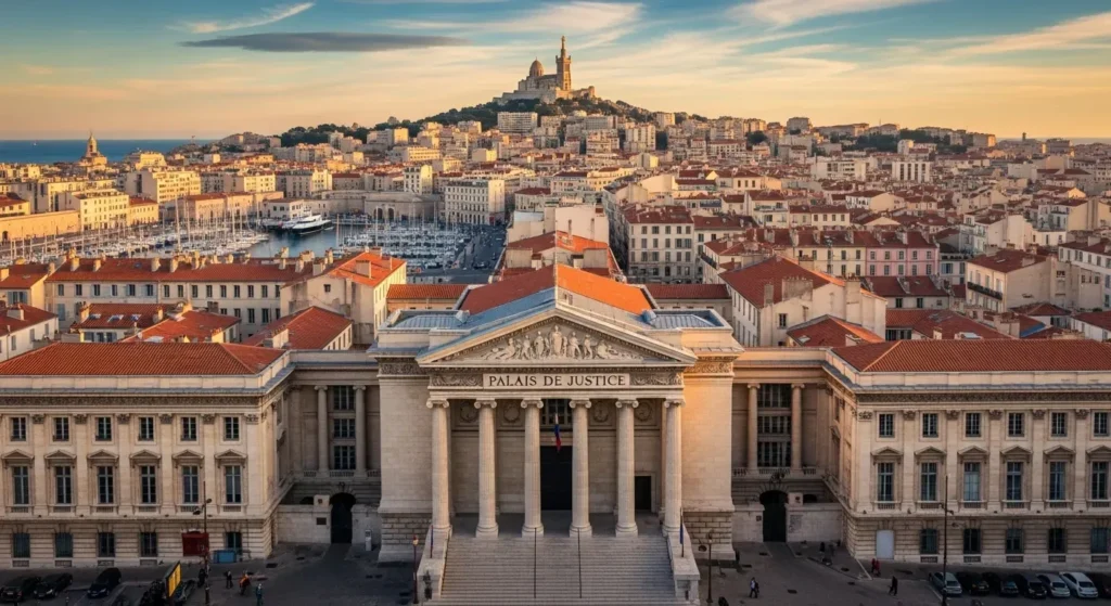 Quel est le meilleur avocat à Marseille A panoramic view of Marseille with a focus on the Palais de Justice, symbolizing the city's legal expertise.
