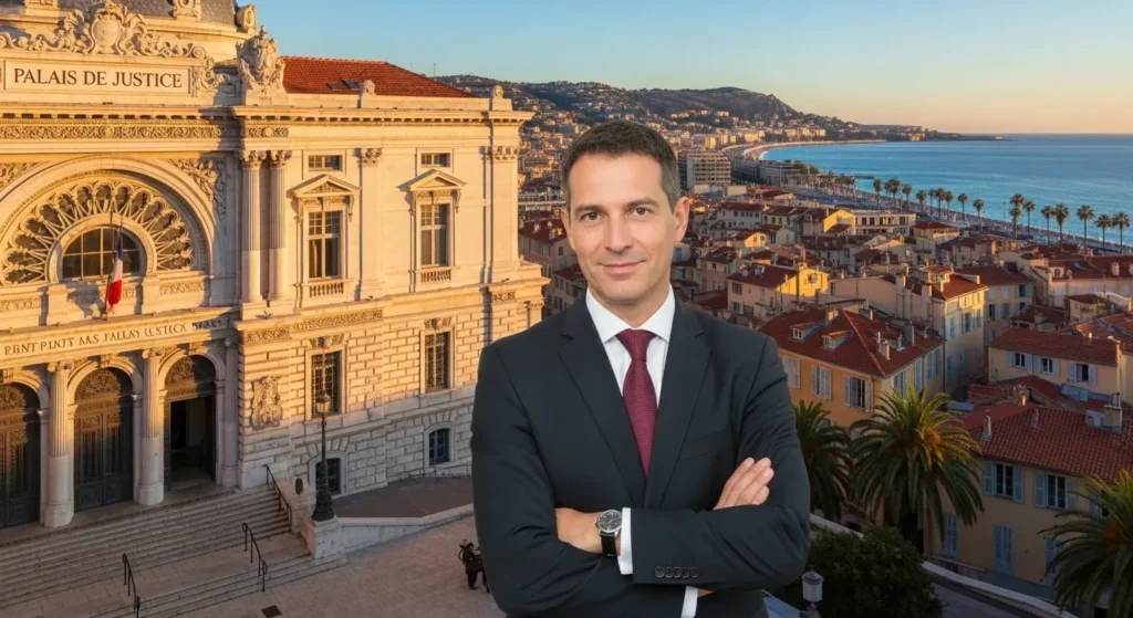 A confident lawyer in a suit standing in front of a courthouse in Nice, France, with a backdrop of the city skyline.