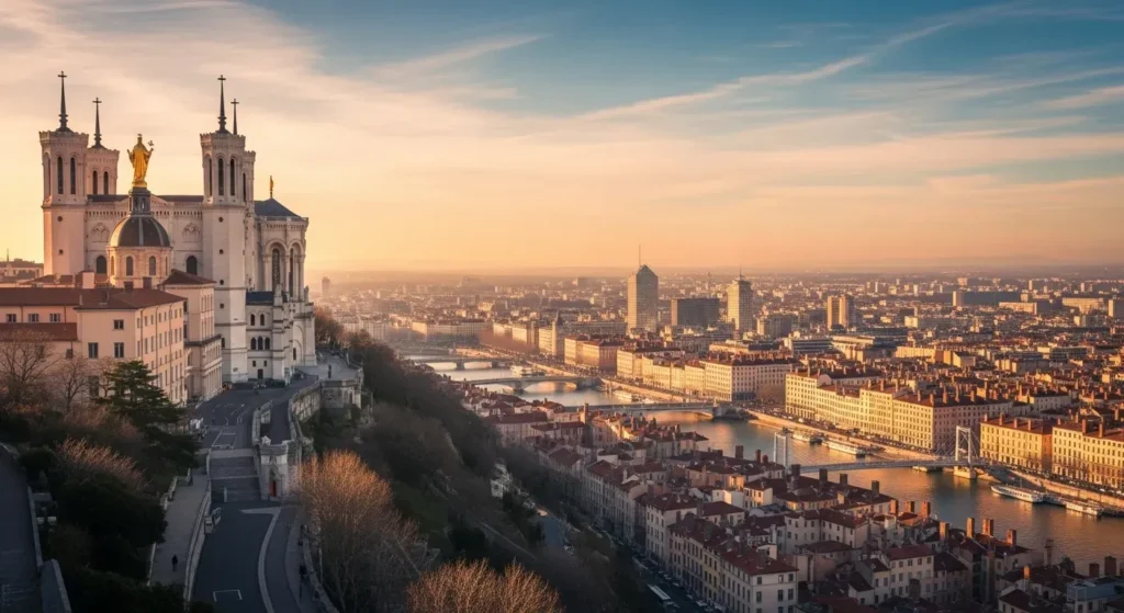 Professional photograph of Lyon, France, showcasing the iconic Basilique Notre-Dame de Fourvière with its distinctive architecture, overlooking the cityscape. Capture the blend of historical and modern elements in the skyline, emphasizing a clear, authentic view that reflects the vibrant essence of Lyon.