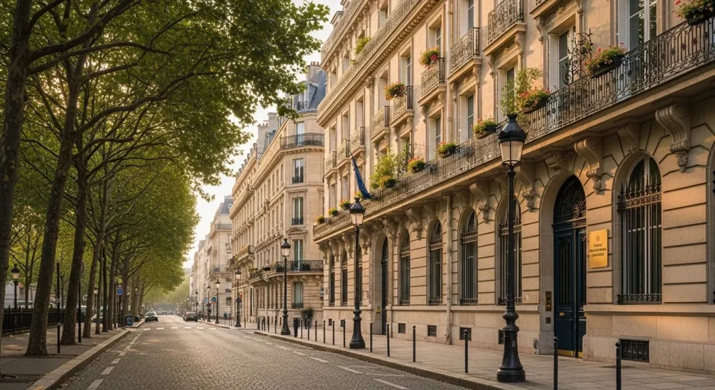 Professional photograph of a tranquil Parisian street, capturing the elegance of traditional Parisian architecture with Haussmannian buildings. The scene should include details like ornate balconies and tree-lined avenues, exemplifying Paris as a global arbitration hub. High-quality photography, focusing on authentic Parisian atmosphere.