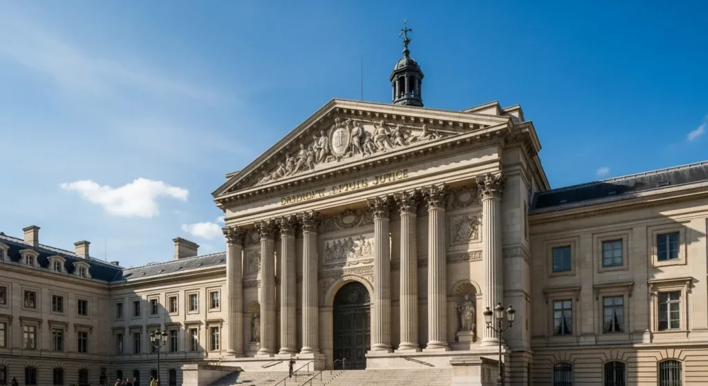 Professional photograph of the Palais de Justice in Paris, France, capturing its iconic neoclassical architecture. The image should be photorealistic, showcasing the intricate details of the building's façade, set against a clear Parisian sky. High-quality photography that looks indistinguishable from a real photo.