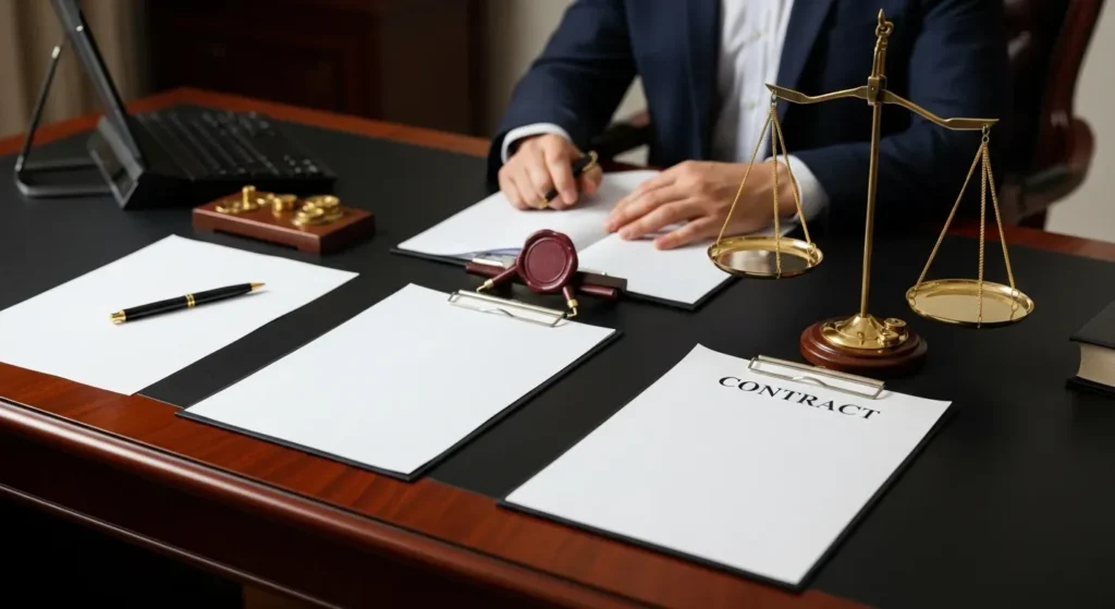 "Photorealistic image symbolizing insurance law: A professional office setting with a mahogany desk, featuring symbolic objects like blank documents, scales of justice, and a contract seal. The scene conveys the concept of legal protection and obligations in insurance, no visible text."