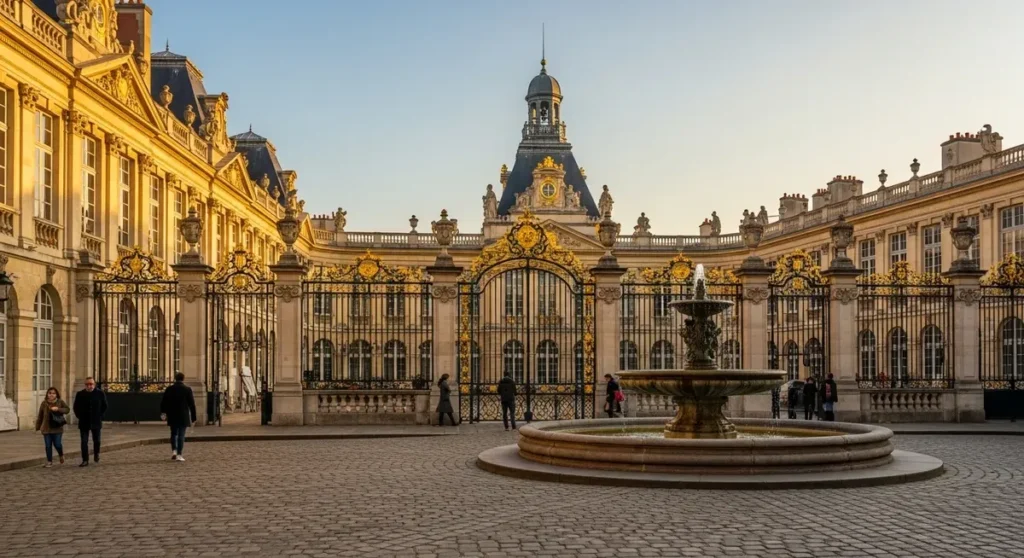 Professional photograph, photorealistic, authentic real location of Place Stanislas in Nancy — wide-angle view capturing the gilded Baroque façades, ornate wrought-iron gates, stone balustrades and central fountain with cobblestone paving. Soft golden morning light, a few pedestrians in everyday clothing for scale, high-resolution magazine-style clarity, natural colors and depth, no visible text or signage.
