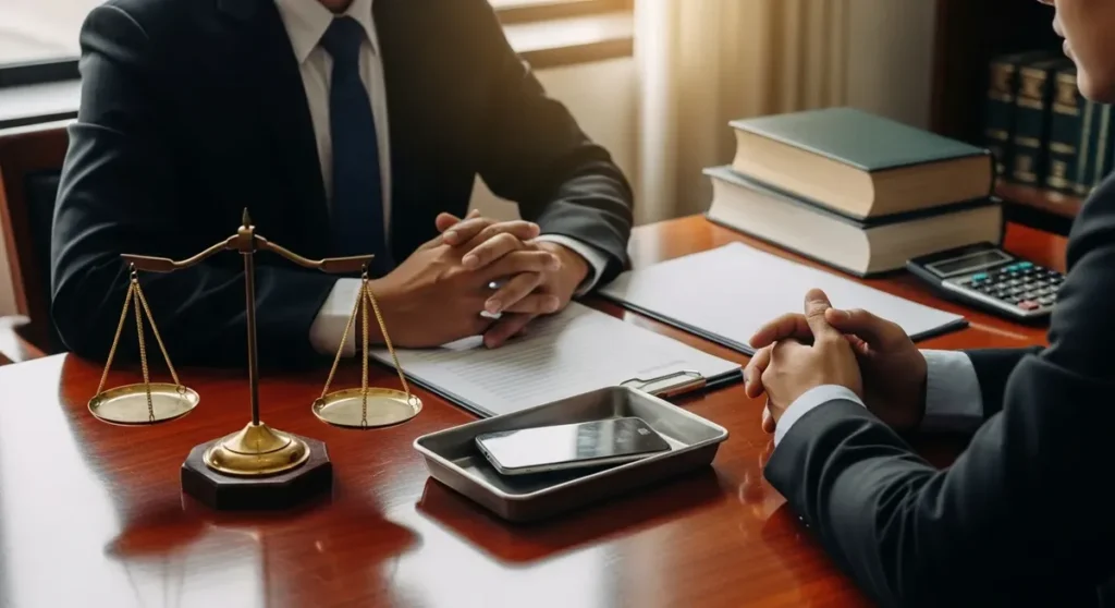 Professional photograph of a lawyer-client consultation symbolizing consumer protection law: a suited lawyer and a concerned client across a polished mahogany desk with a brass scale of justice, a small evidence tray holding a broken smartphone, blank legal documents and closed law books, and a calculator. Warm natural window light, shallow depth of field, cinematic photorealistic quality, authentic law-office atmosphere, no visible text or signage.