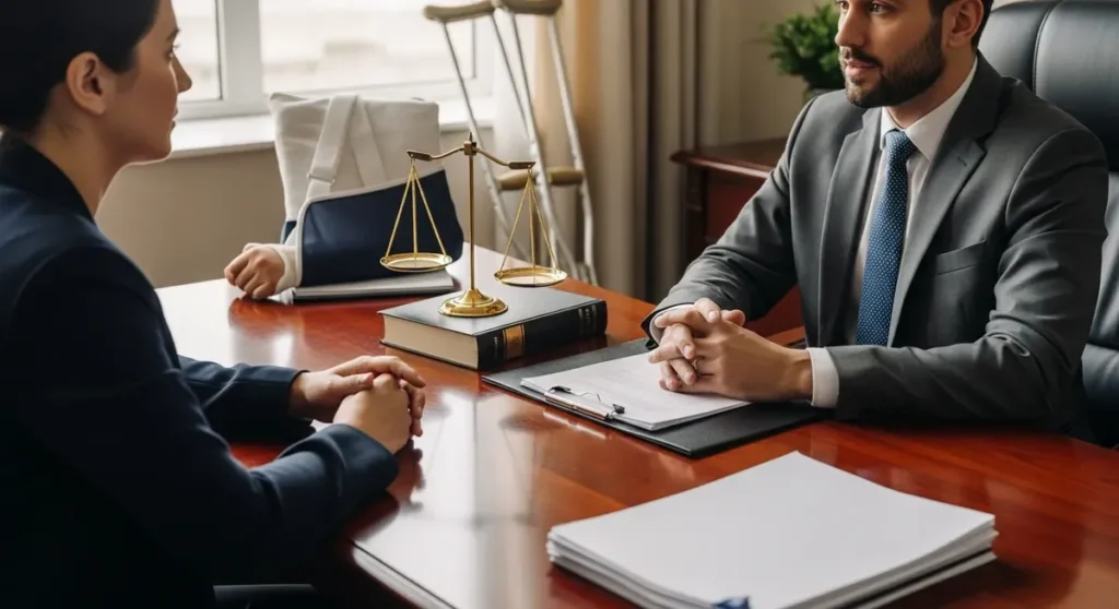 Photorealistic professional photograph of a law office consultation: a lawyer and a client seated across a polished mahogany desk with a balanced scales of justice and a closed legal book on the desk, neat stacks of blank papers, and a folded arm sling and pair of crutches leaning discreetly by the chair to symbolize bodily injury claims. Soft natural window light, shallow depth of field, warm neutral tones, authentic executive office atmosphere, no visible text or signage.