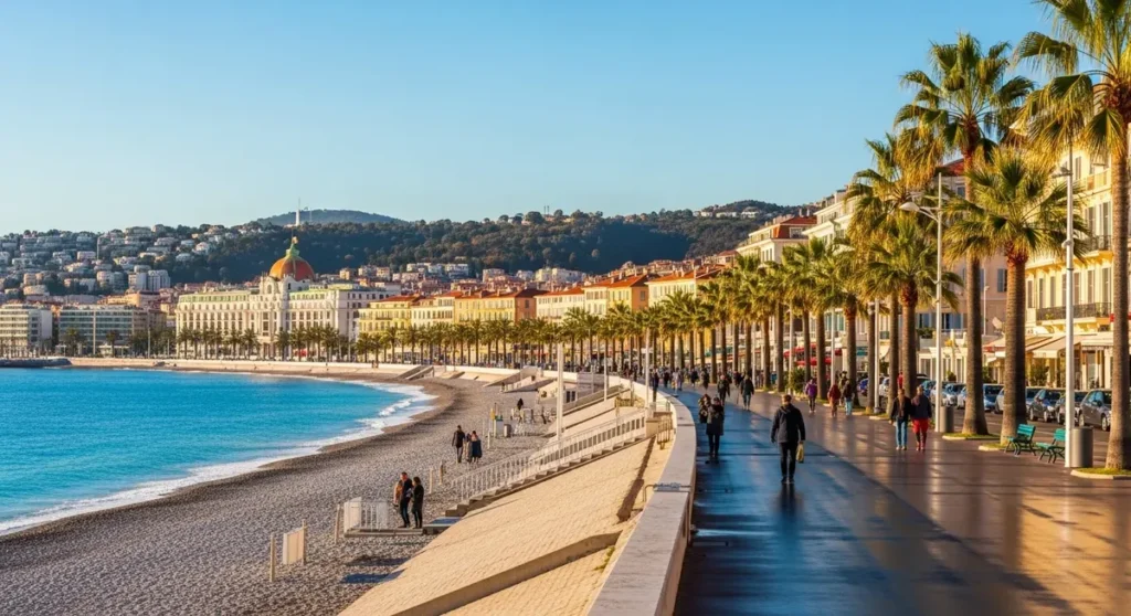 Professional photograph, photorealistic, authentic real-location view of Nice, France: sweeping Promenade des Anglais along the Baie des Anges with the pebble beach and azure Mediterranean, rows of palm trees, Belle Époque pastel facades of the Old Town and the distinctive domed silhouette of the waterfront hotel, Colline du Château in the background under warm late-afternoon light. Wide-angle composition, high-resolution, natural pedestrian activity and subtle reflections on wet stones, no visible text, signage, or lettering.