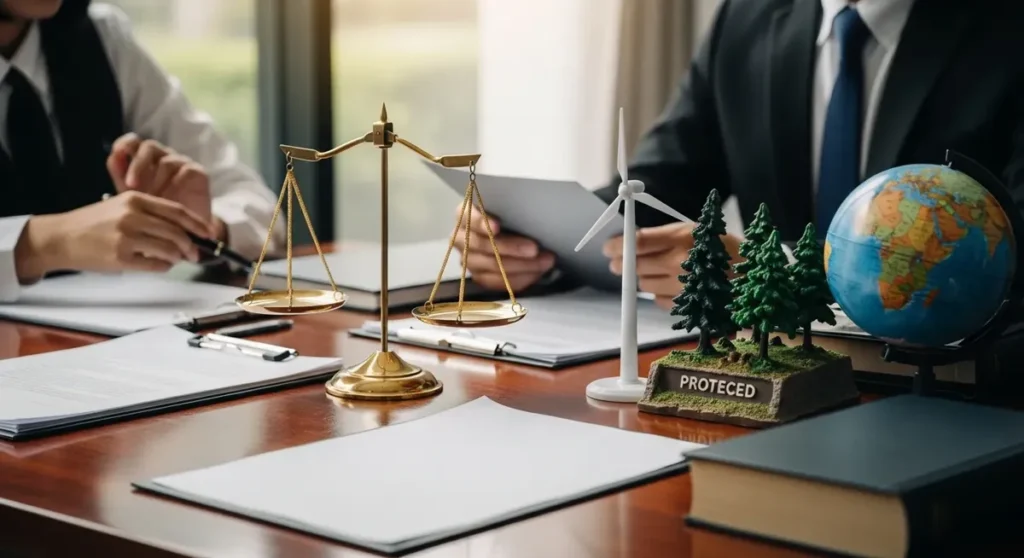 Quel est le meilleur avocat en droit de l'environnement Professional photorealistic photograph of a legal consultation scene symbolizing environmental law: a polished mahogany desk with brass scales of justice, blank legal documents and closed law books, a small model wind turbine and a miniature protected forest diorama beside a globe. Soft natural daylight, shallow depth of field with two blurred professionals consulting in the background, warm cinematic tones, no visible text or signage and all papers/screens blank.