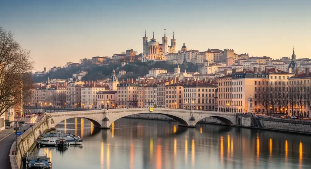 Quel est le meilleur avocat en droit des étrangers et de la nationalité Professional photograph, photorealistic, authentic real location of Lyon: panoramic view of Vieux-Lyon along the Saône river at golden hour with the Basilica of Notre-Dame de Fourvière prominently on the hill, historic Renaissance façades, stone bridges and reflections on the water. High-detail, natural warm lighting, subtle atmospheric haze, editorial quality, no visible text or signage.