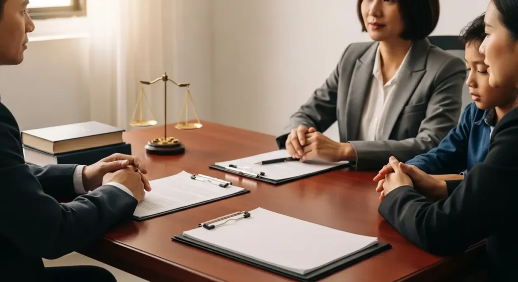 Quel est le meilleur avocat en droit de la famille, des personnes et de leur patrimoine Professional photorealistic photograph of a compassionate family law consultation in a neutral legal office: a mahogany desk with a small scales of justice statue, a closed law book, blank legal documents neatly stacked, and two adults with a child seated across from an attentive lawyer, hands gently clasped, warm soft natural light conveying seriousness and empathy. No visible text, signage, writing, or identifiable locations; high-resolution, authentic professional atmosphere.