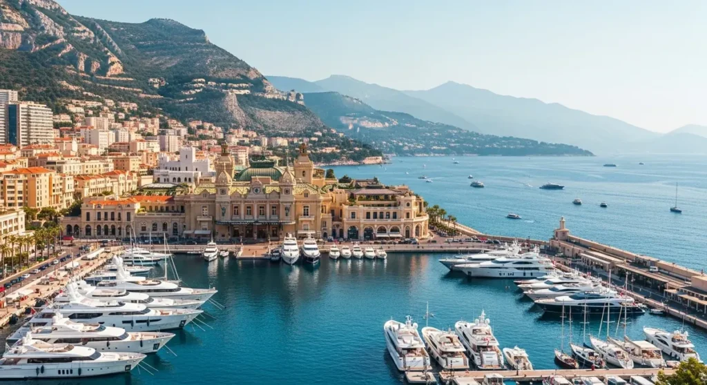 Professional photorealistic photograph of Monaco: panoramic view of Monte Carlo harbor (Port Hercules) with luxury yachts, the Belle Époque façade of the Casino de Monte-Carlo and pastel hillside buildings rising toward the Prince’s Palace, azure Mediterranean sea and winding coastal roads in warm golden afternoon light, authentic real location. No visible text, signs, or writing.