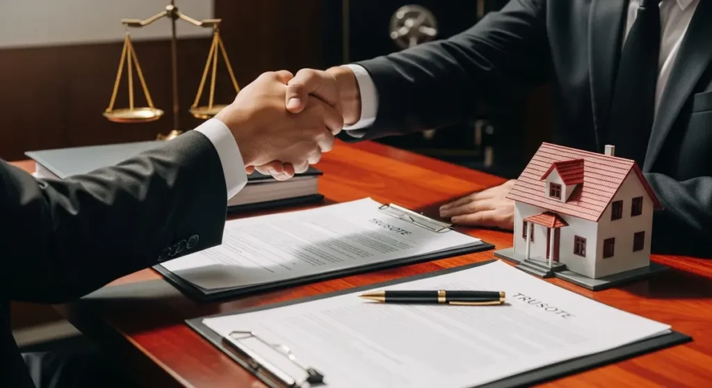 Quel est le meilleur avocat en droit de la fiducie Photorealistic professional photograph of a mahogany desk in a law office showing a trustee handshake over blank legal documents and a small detailed model house and a closed binder, symbolizing fiduciary transfer, asset protection and estate planning. A brass scale of justice softly out of focus at the side and a locked safe in the background, warm natural lighting, high detail, shallow depth of field, no visible text or signage.