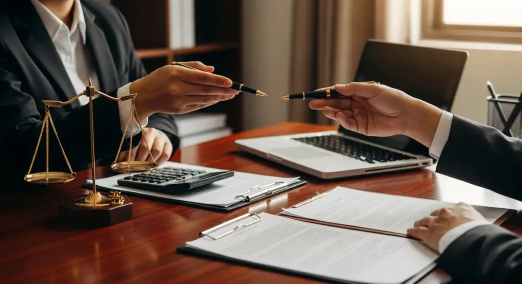Quel est le meilleur avocat en droit fiscal et droit douanier Professional photograph of a tax law consultation in a modern law office: a polished mahogany desk with scales of justice, a sleek calculator, a closed laptop, blank legal documents and two hands in business suits exchanging a pen, symbolizing tax advisory and defense. Photorealistic, warm directional lighting, shallow depth of field, clean professional atmosphere, no visible text or signage.