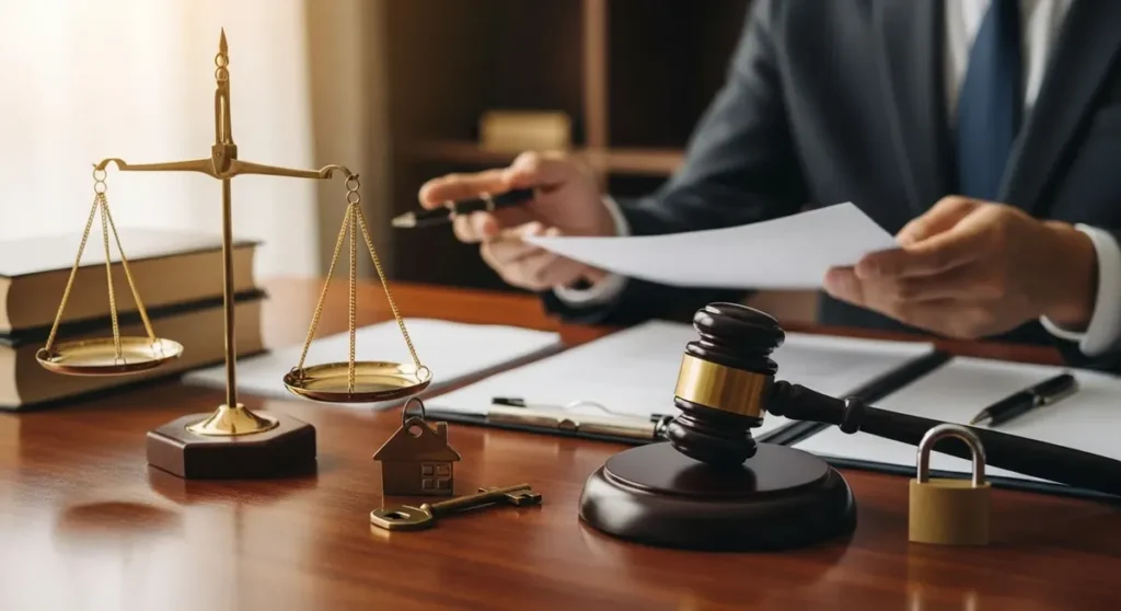 Quel est le meilleur avocat en droit des garanties, des sûretés et des mesures d'exécution Professional photorealistic photograph of a mahogany lawyer's desk in a warm-lit office: polished scales of justice, a wooden gavel, a small house key and padlock arranged beside blank legal documents and closed law books (no visible text), shallow depth of field, elegant businesslike atmosphere symbolizing guarantees, securities and enforcement proceedings. Include blurred-suited lawyer's hands gesturing toward the documents in the background to suggest legal guidance, high-resolution, natural lighting, realistic details.
