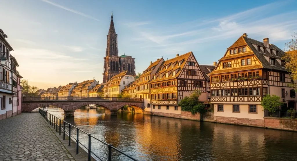 Quel est le meilleur avocat en droit immobilier Professional photograph, photorealistic, authentic real location of Strasbourg: view of La Petite France along the Ill river with timber-framed Alsatian houses, arched stone bridges and the spire of Strasbourg Cathedral rising in the background. Warm golden-hour light, cobblestone riverside and realistic reflections in the water, no visible text, signs, or writing.