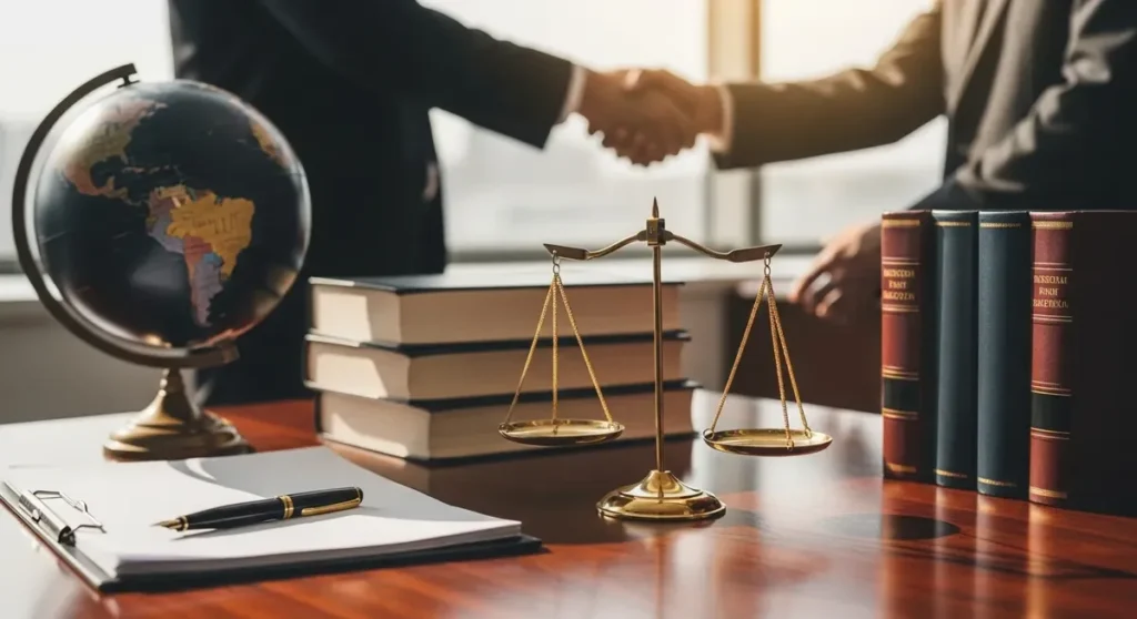 Quel est le meilleur avocat en droit international et de l'Union européenne Professional photorealistic photograph of a scales of justice on a polished mahogany desk in an upscale law office, accompanied by a globe (no visible text), closed law books with blank spines and a neat stack of blank legal documents beside a fountain pen; warm natural light, rich tones, and shallow depth of field conveying international and European legal expertise. In the softly blurred background, a subtle handshake between two professionals suggests cross-border counsel and collaboration, with no visible text, signs, or writing.