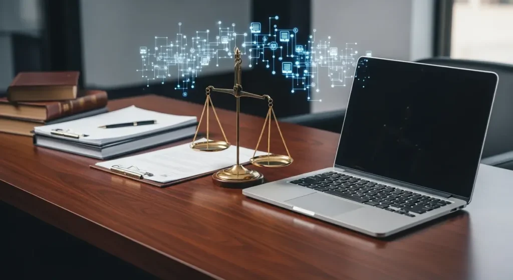 Quel est le meilleur avocat en droit du numérique et des communications Professional photorealistic photograph of a modern legal workspace symbolizing digital law: a polished mahogany desk with a balanced scales of justice, a sleek laptop with a blank screen, blank legal documents and closed books, and subtle holographic blue circuit-pattern light projections above the desk to suggest cybersecurity and data protection. Soft cinematic lighting, shallow depth of field, neutral contemporary office background, no visible text, signs, logos, or writing.