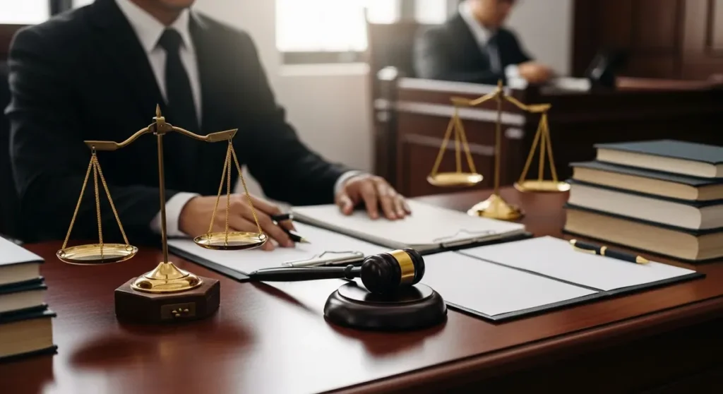 Quel est le meilleur avocat en droit pénal Professional photorealistic photograph of a mahogany desk in a law office featuring brass scales of justice, a judge's gavel, stacks of closed legal books and neatly arranged blank documents, symbolizing criminal defense and legal expertise. Soft directional lighting, shallow depth of field with a lawyer in a dark suit blurred in the background and a courtroom interior gently out of focus to evoke serious legal consultation, no visible text or signage.