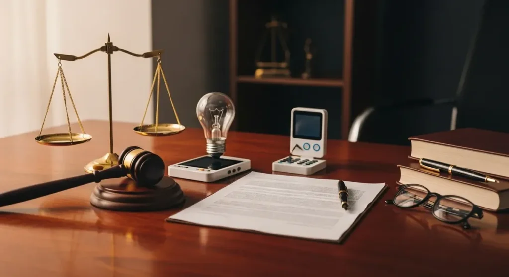 Photorealistic professional photograph of a polished mahogany desk in a modern law office, featuring scales of justice, a wooden gavel, a small prototype electronic gadget and a lightbulb model to symbolize invention, blank legal documents and closed leather-bound books, eyeglasses and a fountain pen arranged neatly — symbolizing intellectual property law. Warm directional lighting, shallow depth of field, high resolution, clean minimalist composition, no visible text, signage, or writing.