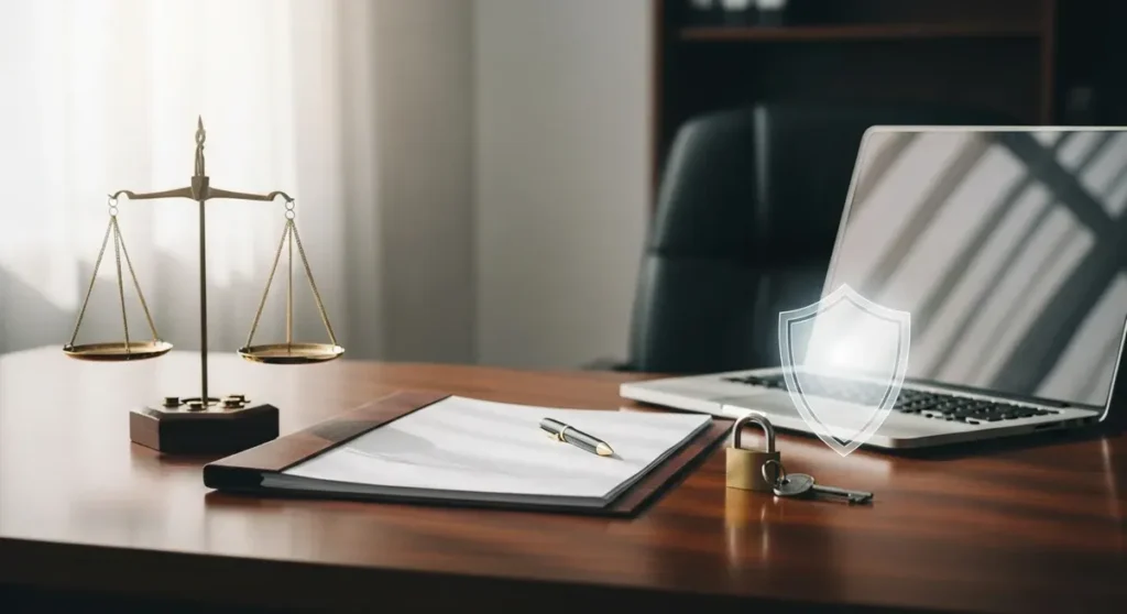 Professional photorealistic photograph of a lawyer's office desk symbolizing data protection and GDPR compliance: polished mahogany desk with scales of justice, a closed legal folder and blank papers, a modern laptop with a deliberately blurred screen, and a small metallic padlock and key beside a subtle translucent digital shield hologram hovering above the desk. Soft directional lighting, shallow depth of field, high-resolution detail, neutral muted tones conveying seriousness and trust, no visible text, signs, or writing anywhere.